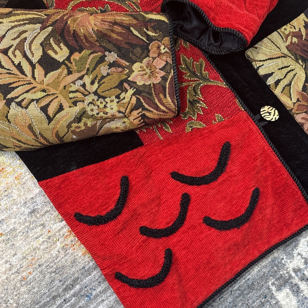 Vintage Allure Red Black Embroidered Patchwork Jacket Womens Large Artsy Classic - Picture 3 of 13